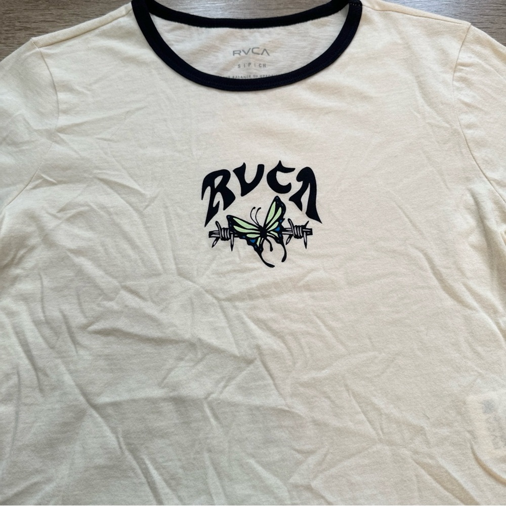 NWT RVCA Butterfly Cream Shrunken Ringer Cropped Graphic Tee - Picture 5 of 8